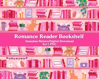 Motif répétitif d'étagère de lecteur romantique, fichier livresque pour accessoires de lecture bricolage, conception transparente pour amoureux des livres (fichier PNG à téléchargement numérique)