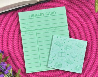 Green Library Card Notepad & Sticky Note Set, Book Lover Stationary, Bookish Desk Accessories, Reading Gift for Teacher, Book Club Gifts