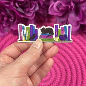 May include: A sticker featuring a black cat sleeping on a stack of colorful books with a crow, a spider, and a cauldron on a bookshelf. The books have gold accents and the sticker has a white border.