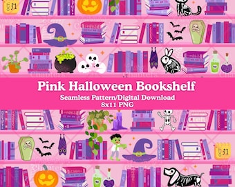 Pink Halloween Repeating Pattern, Haunted Bookshelf File, Bookish Seamless Design, Spooky Season Printable Paper (Digital Download PNG)