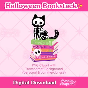 May include: A digital illustration of a black cat with a white skeleton pattern sitting on a stack of colorful books. A small white skull rests on the bottom book, which features a spiderweb design. The text reads Halloween Bookstack.