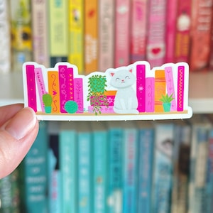 Cat Lover Vinyl Sticker, Pink & Orange Book Shelf Decor, Bookish Sticker for Kindle, Kitty Laptop Decals, Colorful Book Stickers for Teacher