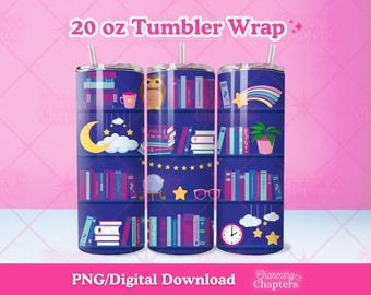 Étagère pour lecteur de fin de soirée 20 oz, papier peint gobelet fin, sublimation livresque, conception transparente, hibou de nuit lecture PNG (téléchargement numérique)