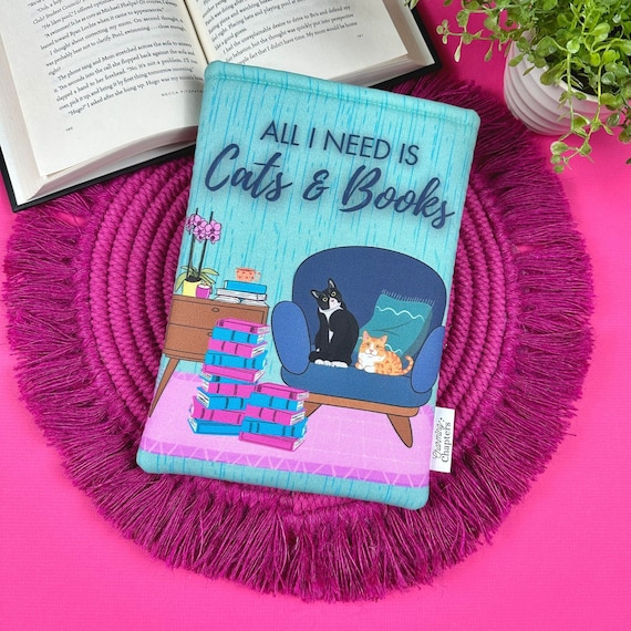 Cat Lover Book Sleeve, Blue & Pink Kitty Kindle Case Cover, Booktok Reading Accessories, Book Lover Gift for Teacher, Bookish Gift for Her