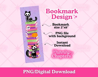 Marque-page chats squelettes, marque-page Halloween PNG, marque-page imprimable gothique mignon, accessoires de lecture bricolage, conception livresque (téléchargement numérique)