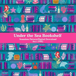Under the Sea Bookshelf Repeating Pattern, Bookish File for DIY Reading Accessories, Book Lover Seamless Design (Digital Download PNG File)
