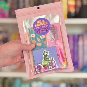 May include: A light pink resealable pouch containing stationery items, featuring a circular sticker that reads Fall & Halloween Mystery Grab Bag. Inside are a blue patterned notebook, a pink pen, and a purple notepad with a cat skeleton illustration.