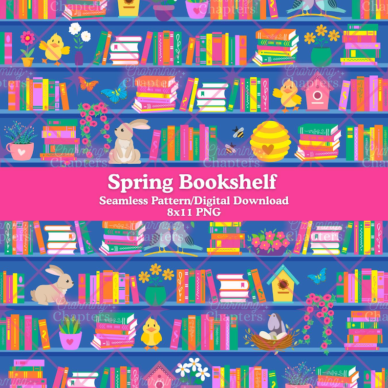 Spring Bookshelf Repeating Pattern, Colorful Bookish File for DIY ...
