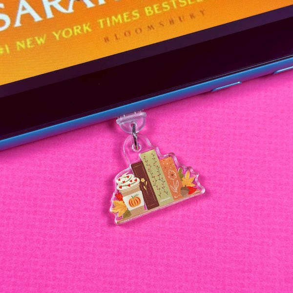 Autumn Book Shelf Kindle Charm, USB Phone Charm, Fall Kindle Accessories, Dust Plug Charm for Tablet, Booktok Merch, Coffee Lover Gift