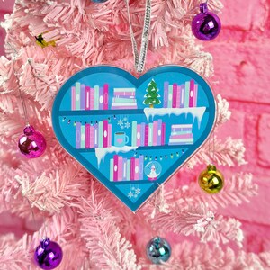 Winter Bookshelf Acrylic Christmas Ornament, Holiday Gift for Teacher Librarian, Bookish Reading Accessories, Book Lover Gift for Her