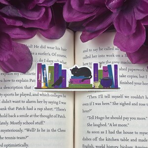 May include: A black cat sits on a stack of purple and green books with a raven, spider, candles, and a cauldron. The books have gold accents and are arranged on a bookshelf.