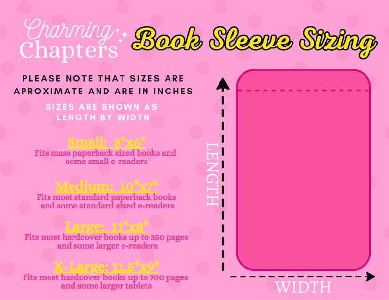 May include: A pink chart with white text and black outlines showing different sizes of book sleeves. The sizes are listed as "Small: 8"x6"", "Medium: 10"x7"", "Large: 11"x8"", and "X-Large: 11.5"x9"". The chart also shows a pink rectangle with dashed lines to represent the length and width of the book sleeve.