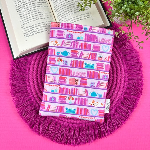 Romance Reader Shelves Book Sleeve, Reading Accessories, Bookish Gift for Her, Pink & Purple Kindle Case, Handmade Padded Book Cover