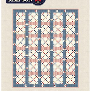 May include: A quilt pattern called "Seaside" by Minick & Simpson. The pattern features a white background with red, blue, and cream colored squares and stripes. The finished quilt size is 63" x 75".