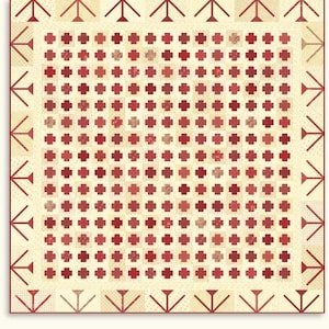 Op de afbeelding: Een quiltpatroon met de titel "On the Plus Side" en de tekst "Quilt is 84" x 84"." en "MS1707". Het quiltpatroon heeft een rood en wit ontwerp met een raster van plustekens.