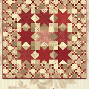 May include: A quilt pattern called "Nantucket" by Minick & Simpson. The quilt is made up of red and brown stars on a cream background. The quilt is 67 1/2 inches by 67 1/2 inches and the pattern number is MS1302.