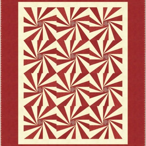 May include: A red and white geometric pattern with a repeating design of a stylized sunburst. The pattern is set against a solid red background.
