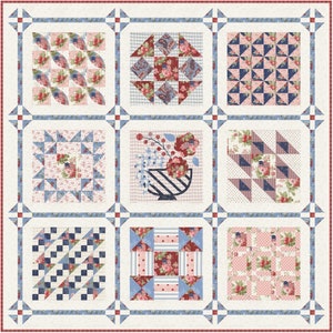 Può includere: Un motivo di blocco di trapunta con uno schema di colori rosso, bianco e blu. Il motivo presenta una varietà di forme geometriche, tra cui quadrati, triangoli e cerchi. Il blocco di trapunta è circondato da un bordo bianco con un bordo rosso e blu.