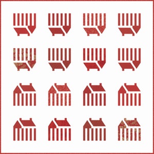 Peut inclure: Un ensemble de 12 illustrations de maisons de couleur rouge et blanche. Les illustrations sont disposées en grille de quatre rangées et trois colonnes. Certaines des illustrations présentent un motif de petites fleurs blanches sur fond rouge.