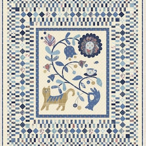May include: A blue and white quilt block with a floral design featuring a cat, a teacup, and a hand reaching for a flower. The block is surrounded by a border of blue and white squares.