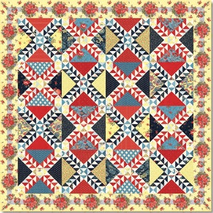 Op de afbeelding: Een quilt met een patchwork-ontwerp met rode, blauwe, gele en zwarte driehoeken. De quilt is omgeven door een rand met een bloemenpatroon.