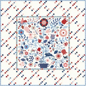 May include: A blue and red floral quilt block with a whimsical tree design. The tree is in a blue pot with white accents and has red, pink, and blue flowers. A blue bunny is hopping in front of the tree. The background is white with a diagonal pattern of blue and red squares.