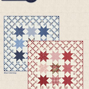 Könnte beinhalten: Zwei Quilts mit Sternmustern in Blau- und Rot-Farbtönen. Der blaue Quilt zeigt ein Gittermuster mit blauen Sternen. Der rote Quilt hat ein ähnliches Gitter mit roten Sternen. Der Text "MINICK & SIMPSON" und "NANTUCKET" befindet sich oben.