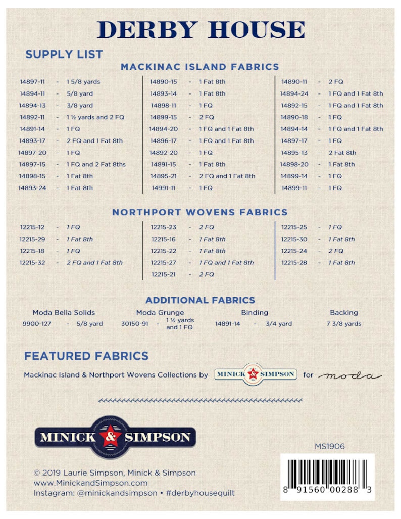 Derby House Quilt Pattern Minick and Simpson Etsy