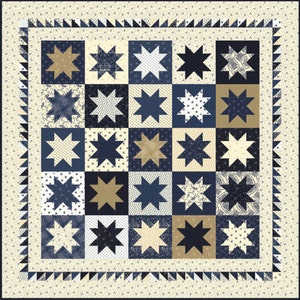 May include: A quilt with a navy blue, white, and gold star pattern. The quilt is made up of 25 squares, each with a different star design. The quilt is surrounded by a border of white and navy blue triangles.