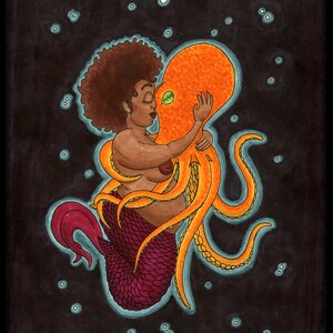 African Violet Mermaid with Octopus - Drawing (Original)