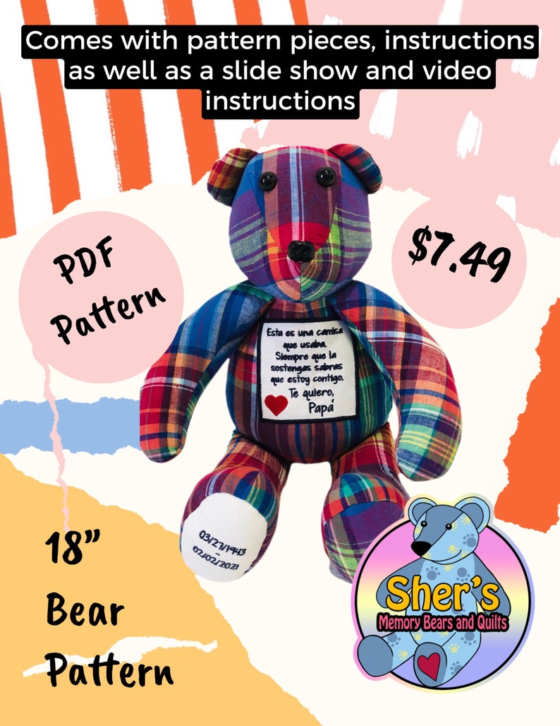 Memory Bear pattern, complete instructions, PDF format, instant download, keepsake bear pattern, made from childrens clothes with poem