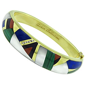 Estate Asch Grossbardt Style Diamond Gemstone Inlay Gold Bangle