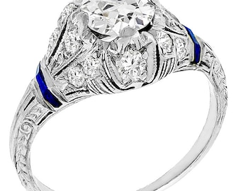Antique Art Deco 0.75ct Old European Diamond Sapphire Platinum Engagement Ring