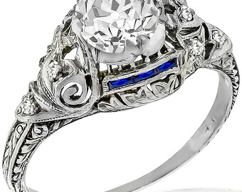 Antique Art Deco Gia 1.07ct Old European Diamond Sapphire Engagement Ring