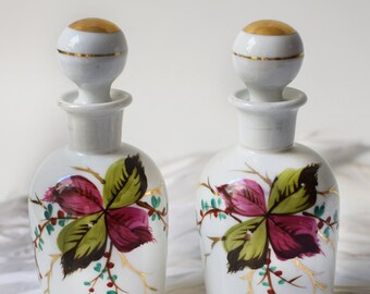 Vintage Perfume Bottles Hand Painted Porcelain Set of Two Apothecary Flasks