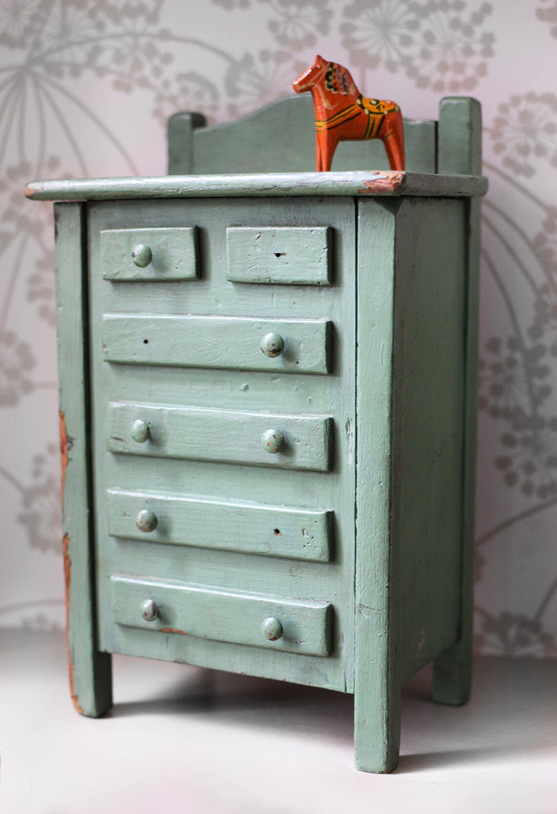 Vintage Doll House Dresser Chest of Drawers Chippy Green Paint Etsy