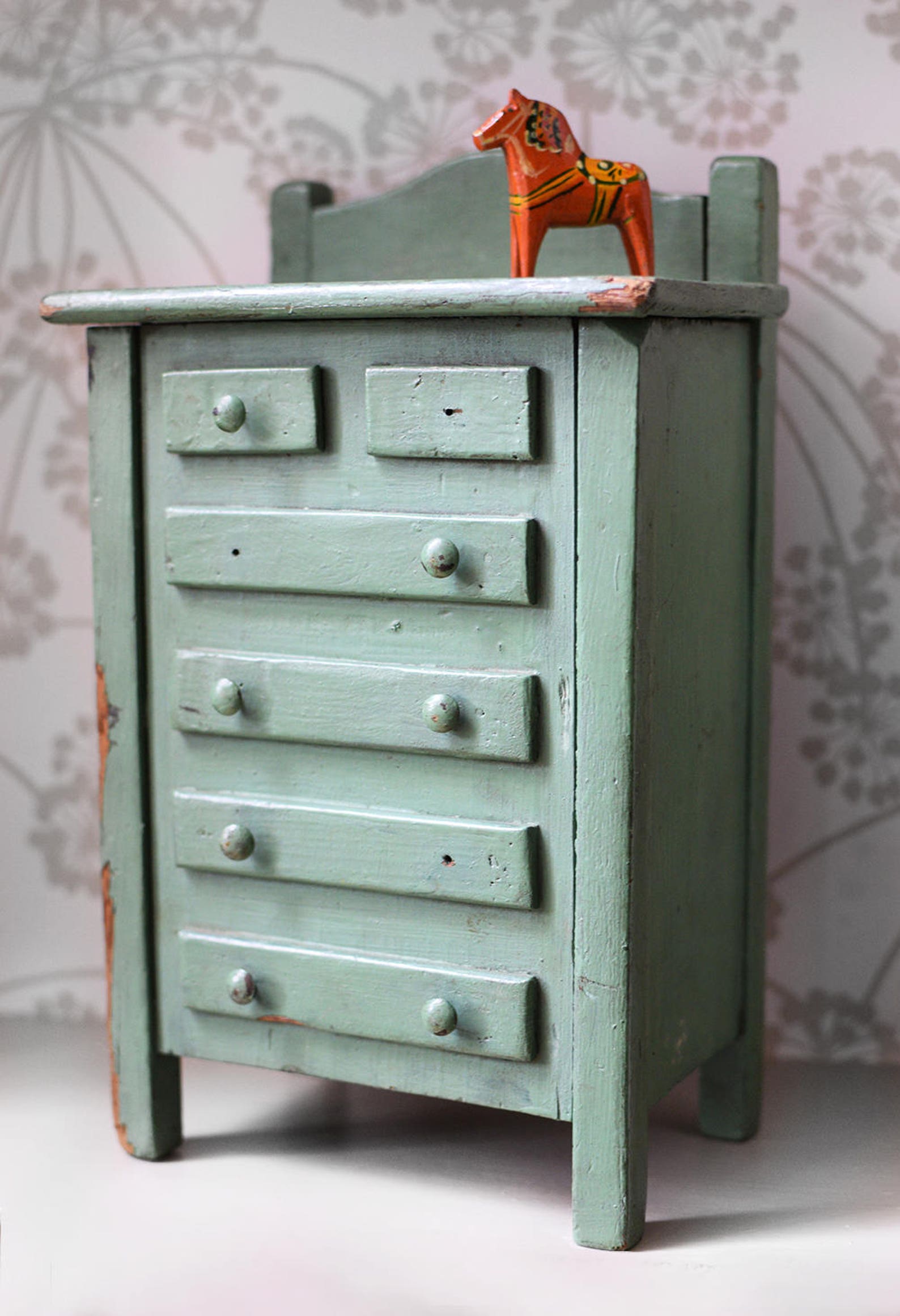 Vintage Doll House Dresser Chest of Drawers Chippy Green Paint Etsy