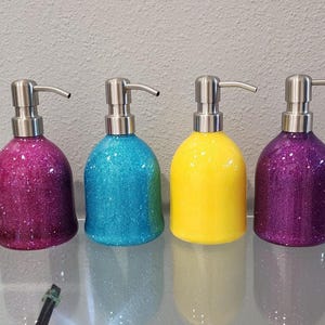 Glitter Soap Dispenser, Lotion Bottle, Dish Soap.   Hand Painted Plastic Dispenser Bottle with SS Pump, Fluid Art, Reusable,