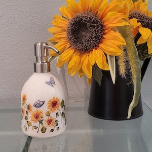 Sunflowers Soap Dispenser, Lotion Bottle, Border Decal on Painted Plastic Dispenser Bottle with SS Pump, Resin Coated, Reusable