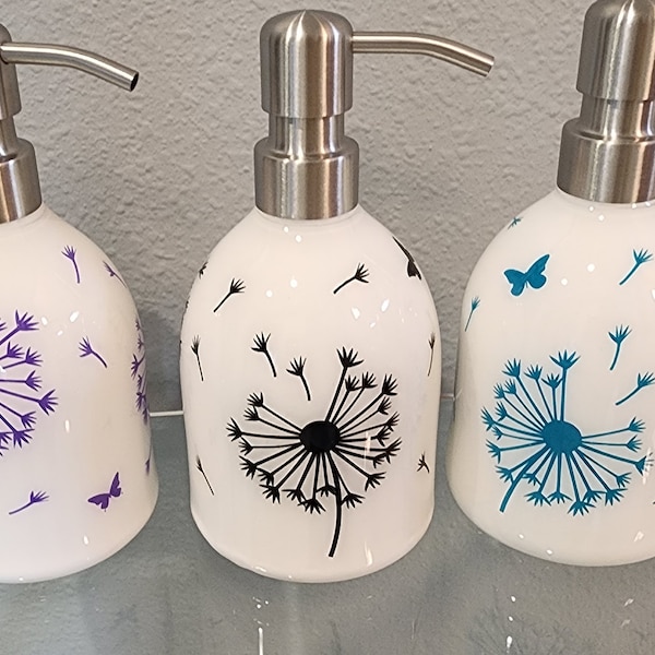 Dandelion Soap Dispensers, Lotion Bottle, Painted Plastic Dispenser Bottle with dandelion decals w/ Stainless Steel Pump, Reusable