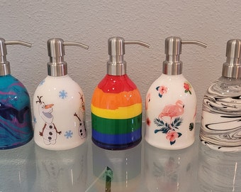 Soap Dispenser, Lotion Bottle, Hand Painted Plastic Dispenser Bottle with SS Pump, Fluid Art, Reusable  Each Piece 1 of  a Kind