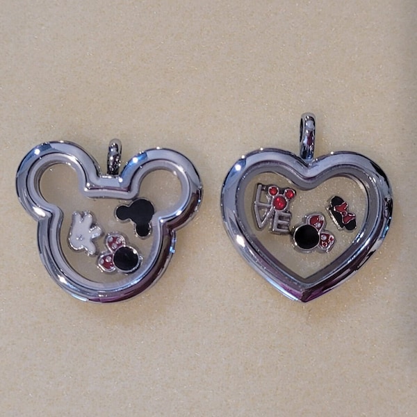 Mickey & Heart Floating Charm Locket Necklaces, Birthstones Necklace, Living Locket, 3 Charms, Stainless Steel Locket and Chain