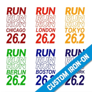 IRON-ON Custom Run Race Marathon SVG Vinyl Gift (Shirt, Bra, Shorts, any fabric!) Chicago, Sydney, New York, Berlin, London, Boston, Tokyo