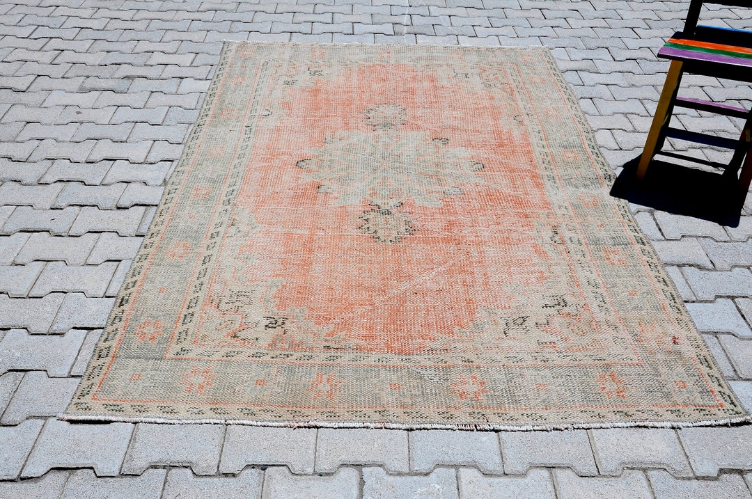 5x8 Orange Green Rug / Vintage Turkish Home Floor Rugs / Etsy