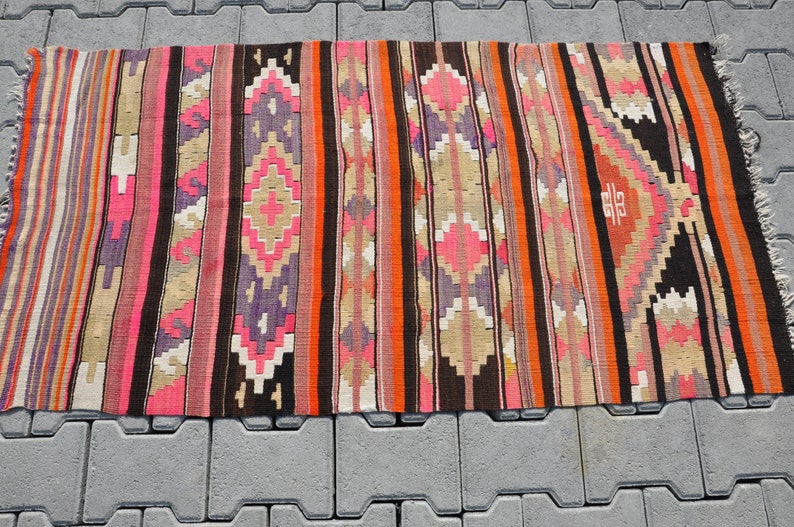 3x5 Black Orange Small Kilim / Turkish Kilim Rug ...