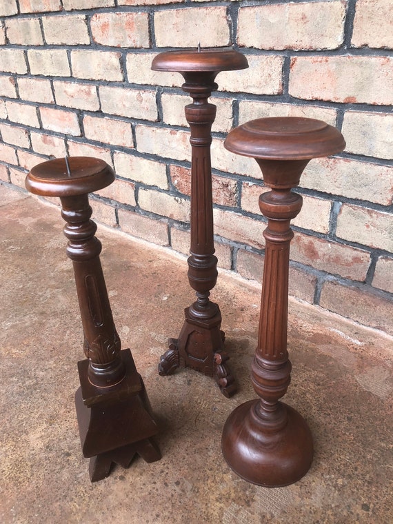 Set Of 3 Wood Candlesticks Floor Wooden Candle Sticks Tall Etsy