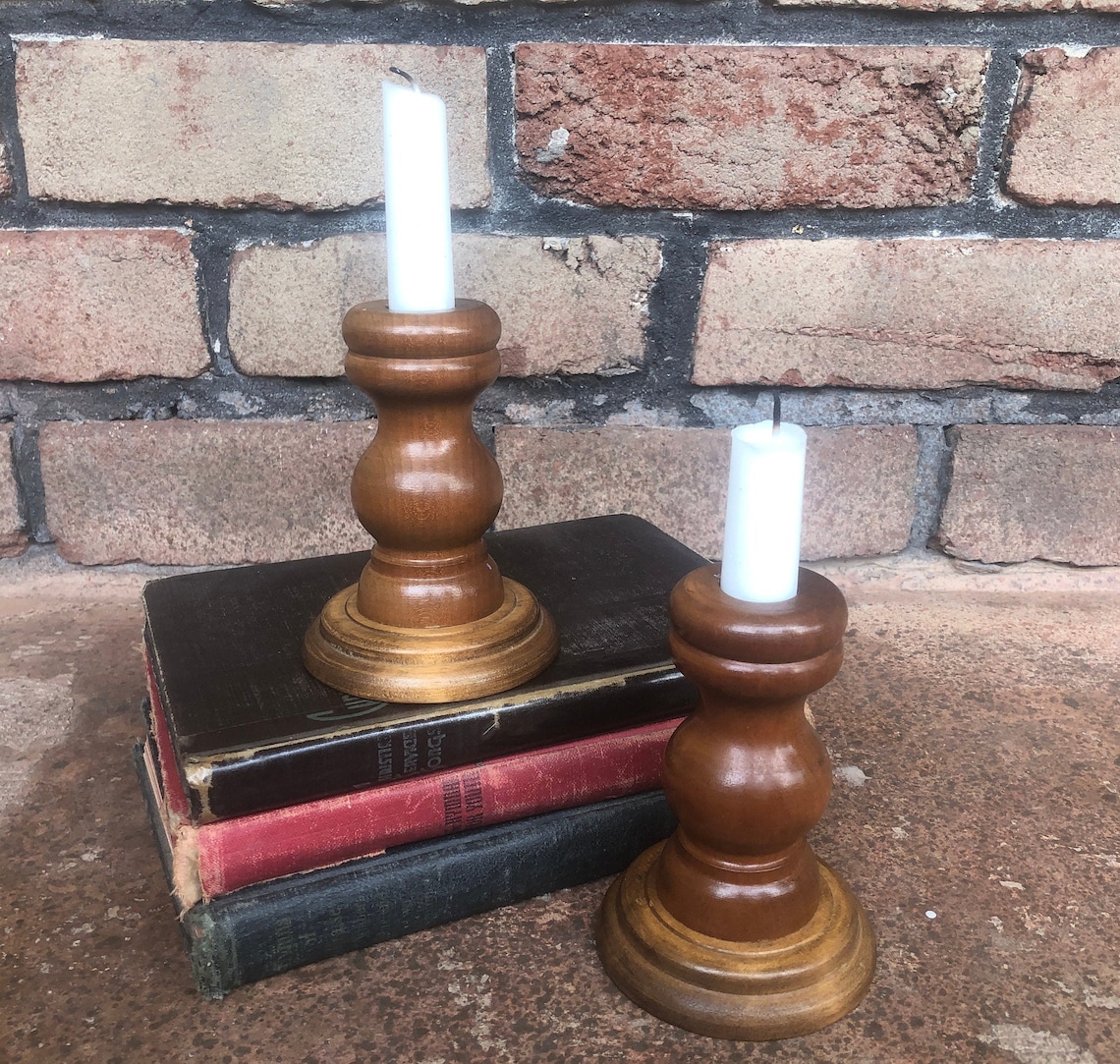 Vintage Wood Candlesticks Chunky Candle Holders Wood Candle Etsy