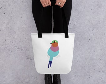 Colorful Bird Tote Bag, Graphic Bird Bag, Farmer's Market Bag, Original Bird Design, Graphic Bird Art, Lilac Breasted Roller Bird