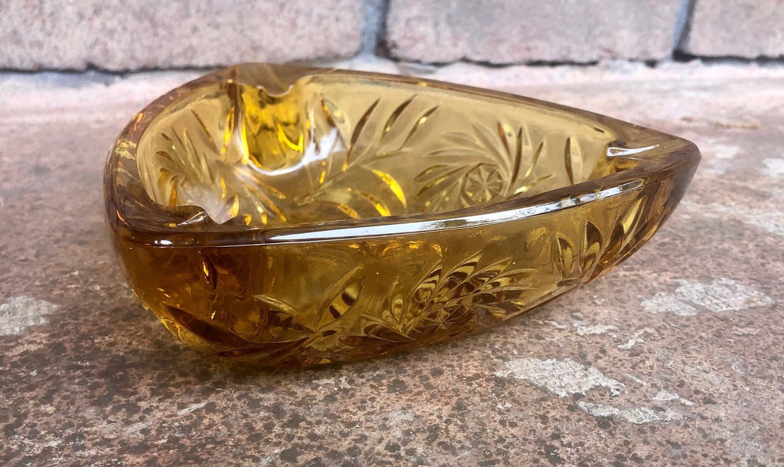 Vintage Yellow Glass Ashtray Cut Glass Ash Tray Mid Century Etsy