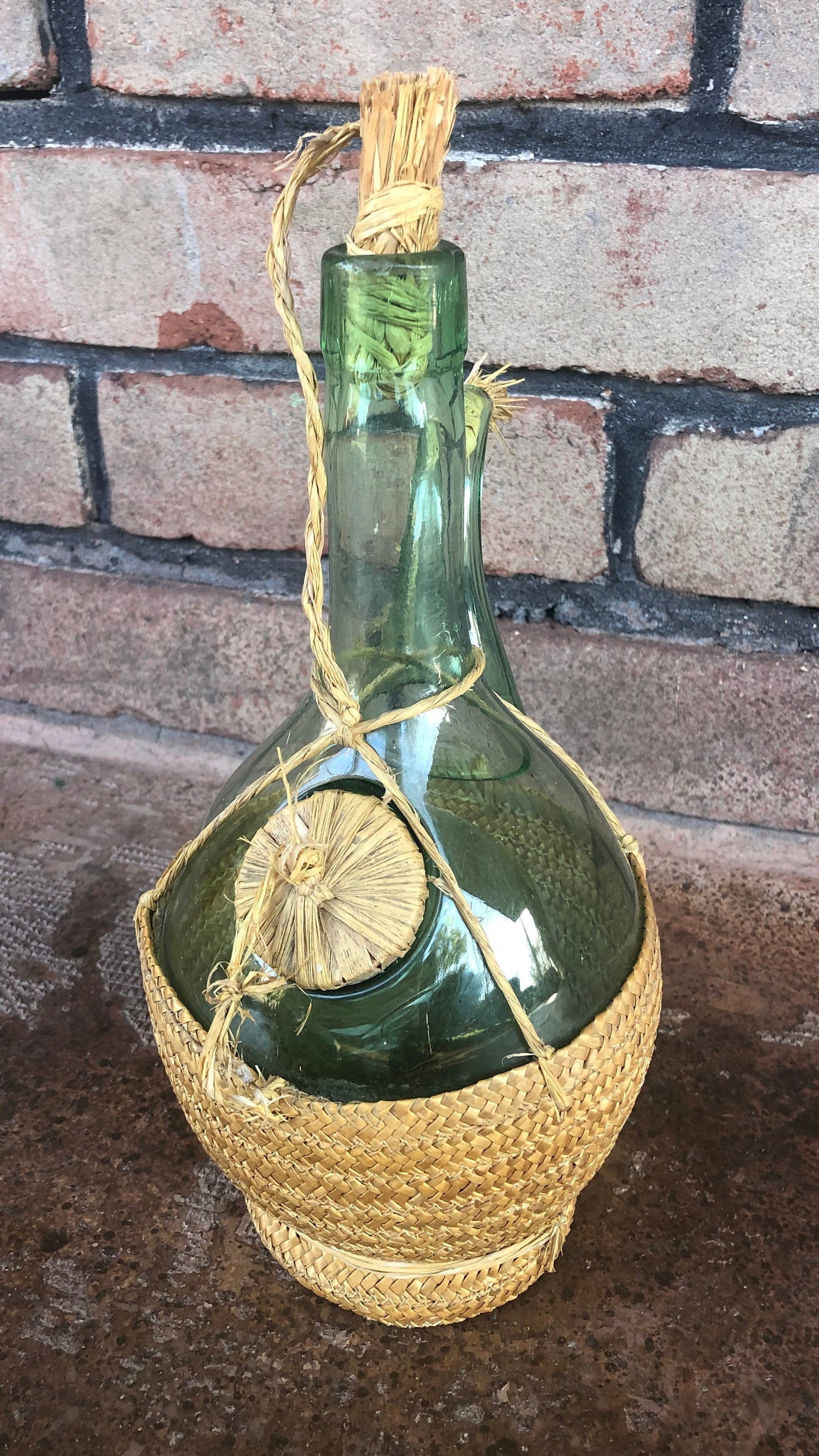Vintage Wine Decanter Green Glass Wine Carafe Straw Wrapped Etsy